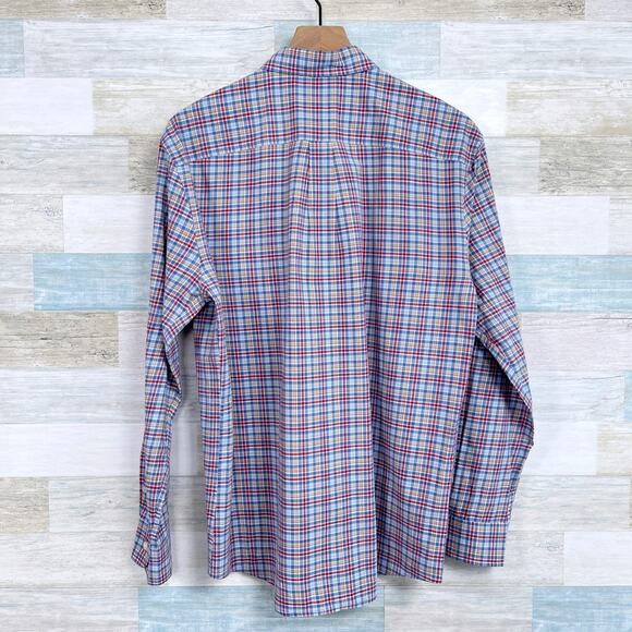 Johnnie O Woven Button Down Shirt Blue Red Plaid Long Sleeve Casual Mens Medium - Picture 3 of 5